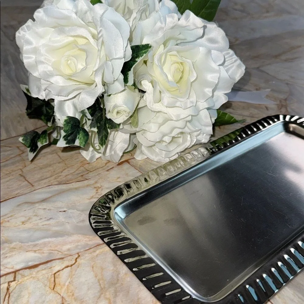 Ross Silver Rectangular Vanity Tray Fluted Border Metallic 9.5x4.5 Made in India